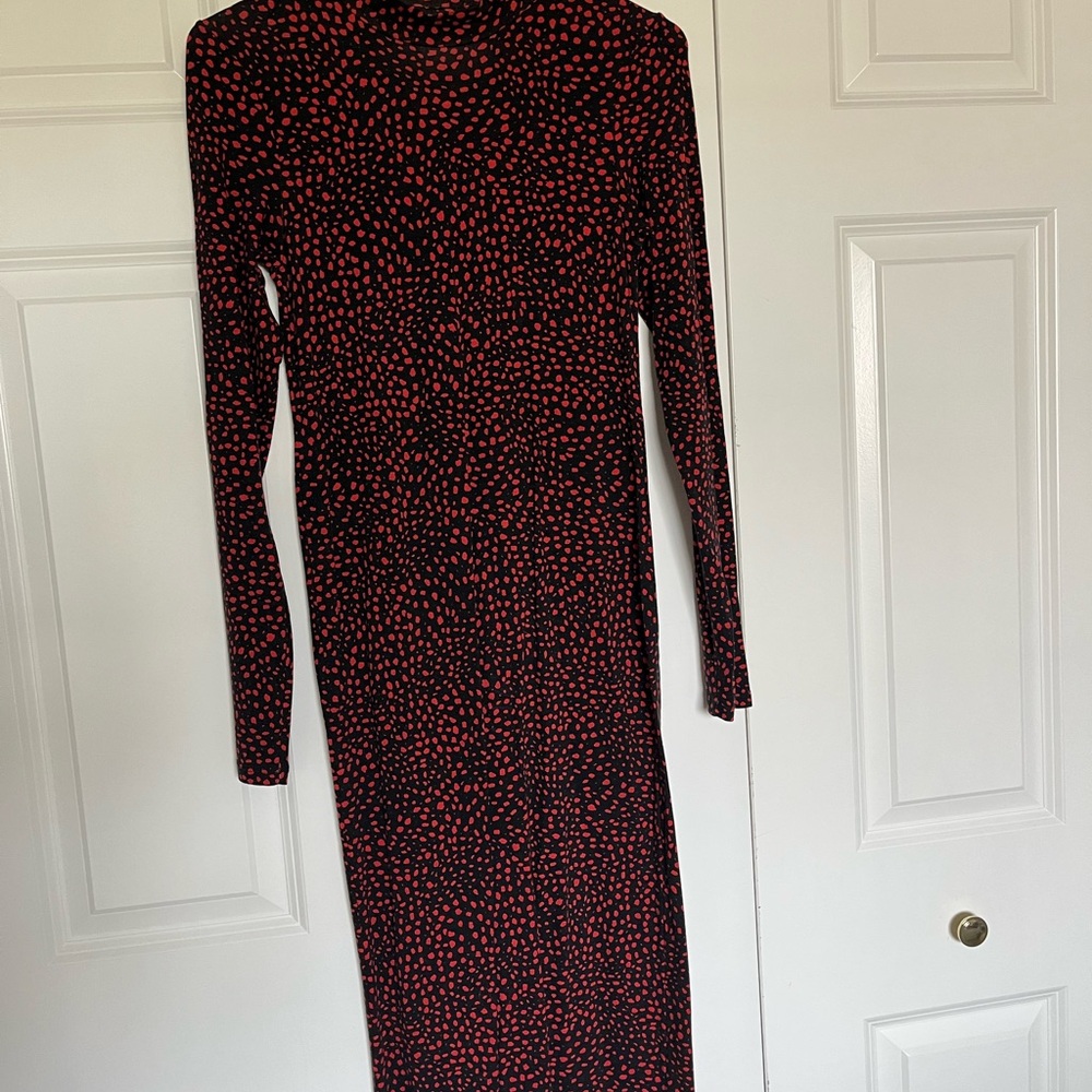 Red and Black Long Sleeve Mock Neck fitted midi Dress